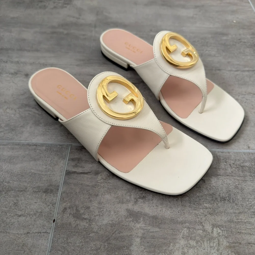 Gucci Blondie GG Logo Leather Thong Flip Flop Flat Sandals Shoes Size 7 NWT - Picture 9 of 16